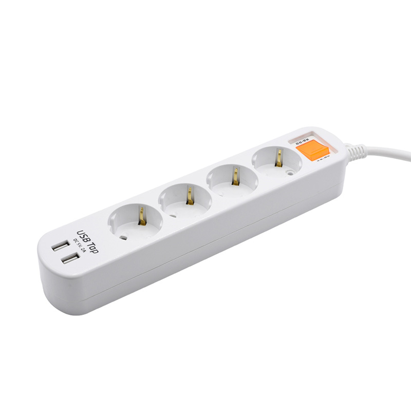 Ekonomiska 4 uttag EU -standarduttag med 2 USB -portar och 1 överbelastningsskyddsomkopplare Ekonomiska 4 uttag EU -standarduttag med 2 USB -portar och 1 överbelastningsskyddsomkopplare